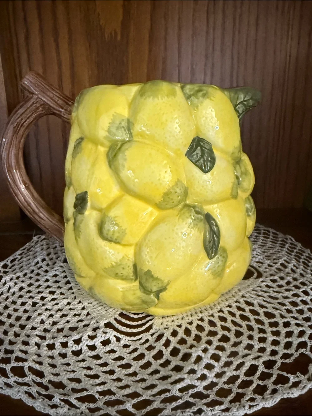 Hand-Painted Yellow Ceramic Lemon Pitcher with Leaf Accents